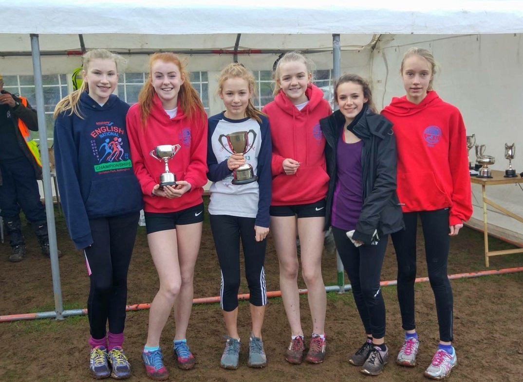 U15 girls A and B teams from left to right: Ellie Moss, Ellen Bowen with the individual trophy, Amy Mijovic-Couldwell with the team trophy, Alice Battey, Anna Nicod and Beth Sykes
